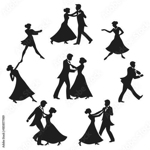 A collection of stylized silhouettes of couples dancing, arranged in a circular pattern on a white background. Each couple is depicted in a classic ballroom dance pose. The men are uniformly in suits 