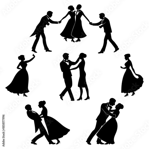 A collection of stylized silhouettes of couples dancing, arranged in a circular pattern on a white background. Each couple is depicted in a classic ballroom dance pose. The men are uniformly in suits 