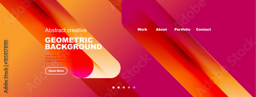 Abstract geometric background design. Vibrant colors, flowing shapes, text elements present. Modern aesthetic for website header or banner.