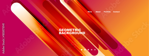 Abstract geometric design. Vibrant colors blend, creating dynamic visual effect. Text elements present navigation options. Modern, stylish presentation.