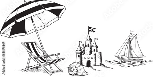 A serene coastal scene perfect for a summer vacation with a sailboat and a sandcastle.