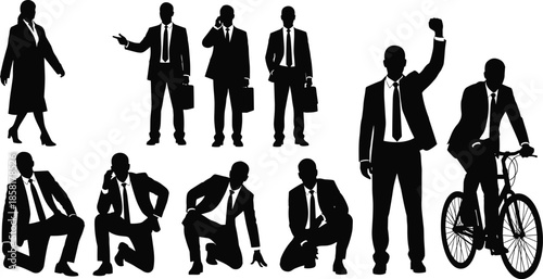 Business people silhouette set, professional men and women in suits standing, kneeling, riding bicycle and talking, corporate success vector illustration isolated on white.
