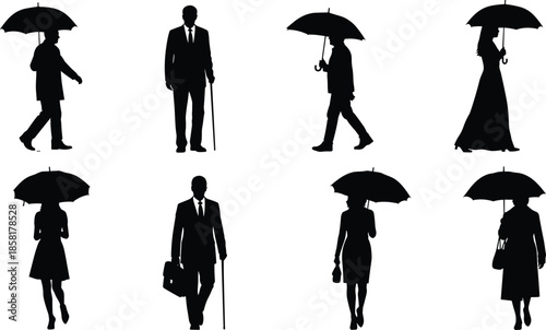 Business people and elegant silhouettes walking with umbrellas and canes, professional men and women in suits, rainy day autumn vector illustration isolated on white.