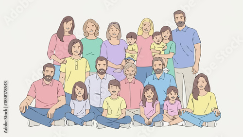 Diverse group of people posing together for a family portrait illustration.