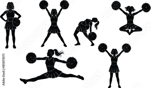 Cheerleader silhouette set, female cheerleading team performing athletic jumps, dance poses and spirit stunts with pom poms, vector illustration isolated on white background.