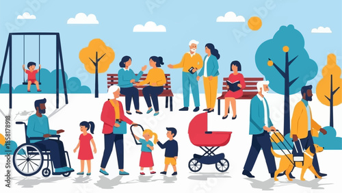 Diverse group of people enjoying a sunny day in the park.