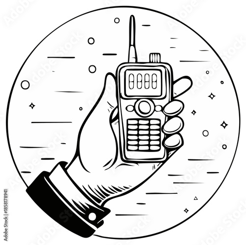 Hand holding walkie talkie inside a circle sketch style