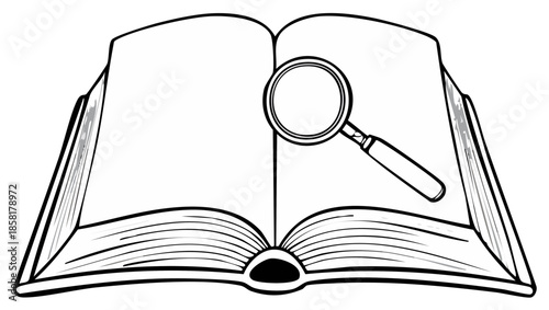Open book with magnifying glass searching for knowledge and information