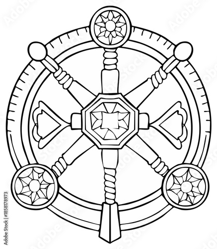 Intricate Buddhist Dharma Wheel Illustration Icon Design