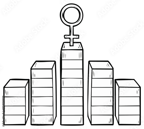 Female symbol crowning tallest bar on a stylized bar graph illustrating achievement and success