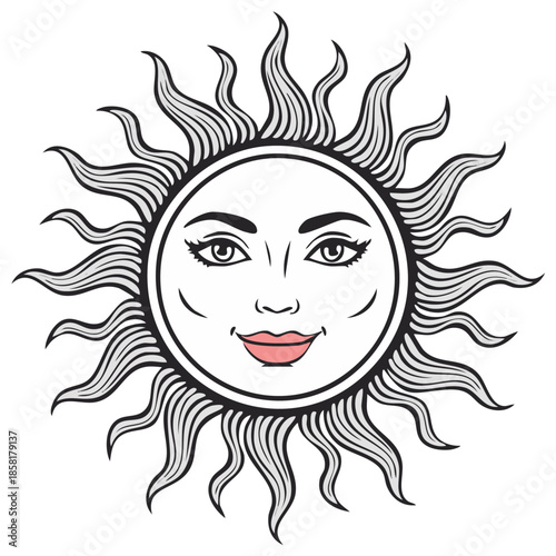 Stylized Sun Face with Wavy Rays and Expressive Eyes