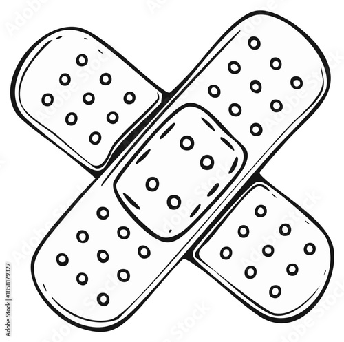 Two adhesive bandages overlap forming a first aid cross with doodle art style. Wounds injuries healthcare for cut and scrape protection.
