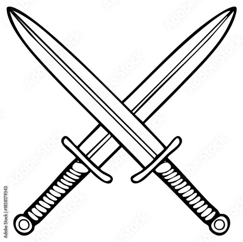 Two Crossed Swords in Black and White Line Art