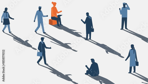 Diverse group of people interacting in a modern abstract setting.