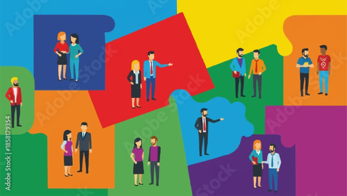Diverse group of people interacting in a colorful puzzle environment.