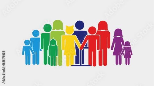 Diverse group of people in rainbow colors representing unity and diversity.