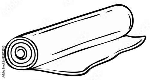 Hand drawn black and white illustration of a rolled yoga mat with a partially unrolled section