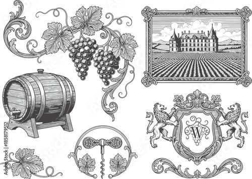 A collection of elegant vintage illustrations for vineyard and wine theme, depicting a grape vine, wine barrel, and a countryside illustration.