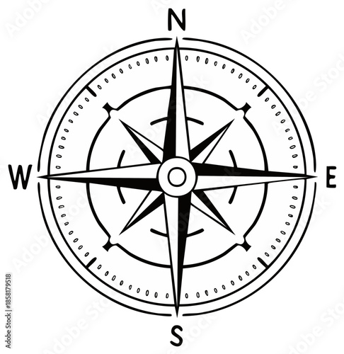 Classic Compass Rose Illustration Black and White Navigation Instrument Design