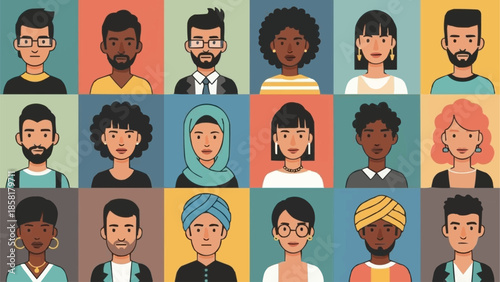Diverse Group of People Portraits Flat Design Style.