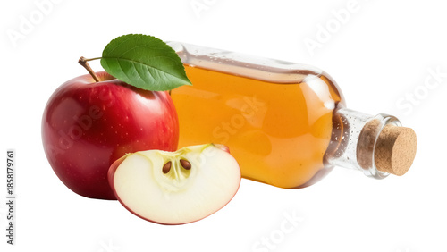 Foto Apple cider vinegar in glass bottle isolated PNG, with red apple and slice on tr