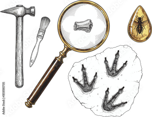 Wallpaper Mural Explore the world of Paleontology with an illustration of tools and findings. Unearth the past with a vintage aesthetic, revealing the wonders of fossil discovery. Torontodigital.ca