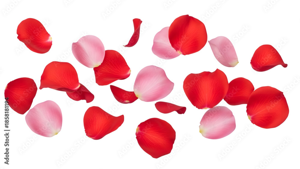 Fototapeta premium Pink and red rose petals falling on transparent background for spring theme