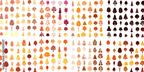 An array of abstract autumn trees in varying shades of orange and brown