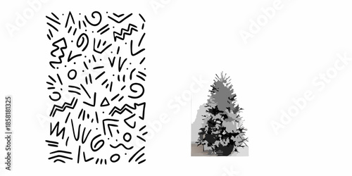A unique composition featuring abstract scribbles alongside a small christmas tree
