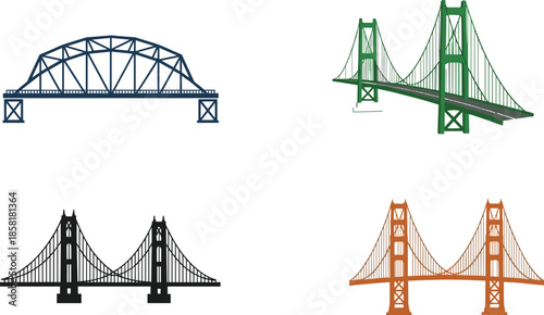 Bridge illustration set featuring truss and suspension bridges in different colors isolated vector architecture transportation landmark design