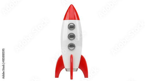 Red and white rocket ship isolated PNG on transparent background, retro space toy for kids and science fiction concepts