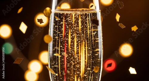 Champagne Flute with Gold Confetti and Bokeh Lights