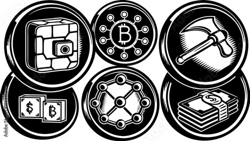 Digital Currency & Cryptocurrency Icon: A collection of icon associated with digital currency and cryptocurrency, including a Bitcoin and money. 
