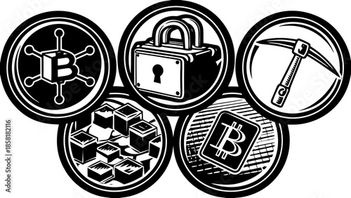 Cryptocurrency Symbols: A bold, monochromatic collection of digital currency symbols. Featuring the essence of digital currency.