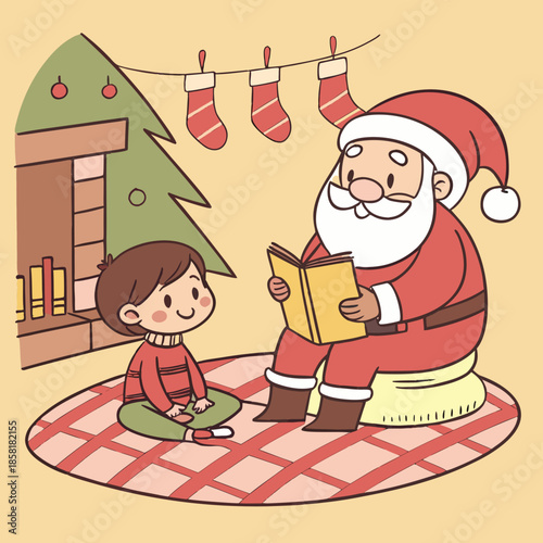 a heartwarming scene depicts santa claus reading a story to a young child by a cozy fireplace during christmas time