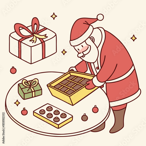 a cheerful santa claus carefully arranging assorted chocolates into a golden box on a round table with gifts nearby