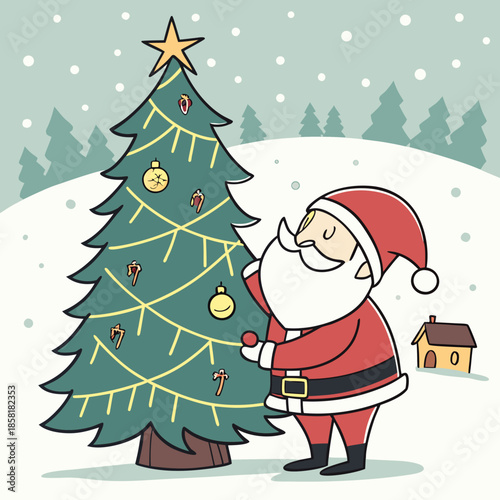 a festive scene depicts santa claus carefully decorating a vibrant green christmas tree with colorful ornaments and twinkling lights