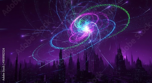 Futuristic Cityscape with Cosmic Swirl and Shooting Stars