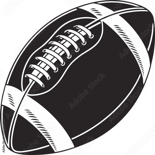 A black and white image depicts a stylized American football. The football is the main subject, presented in a slightly tilted, diagonal orientation, towards the upper right of the frame. The ball is 