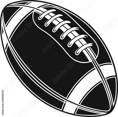A black and white image depicts a stylized American football. The football is the main subject, presented in a slightly tilted, diagonal orientation, towards the upper right of the frame. The ball is 