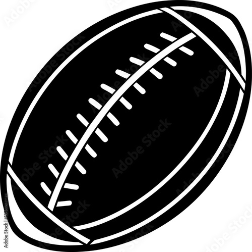 A black and white image depicts a stylized American football. The football is the main subject, presented in a slightly tilted, diagonal orientation, towards the upper right of the frame. The ball is 