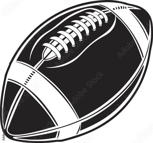 A black and white image depicts a stylized American football. The football is the main subject, presented in a slightly tilted, diagonal orientation, towards the upper right of the frame. The ball is 