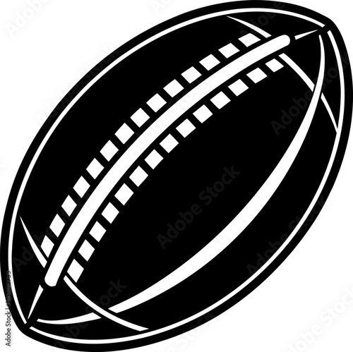 A black and white image depicts a stylized American football. The football is the main subject, presented in a slightly tilted, diagonal orientation, towards the upper right of the frame. The ball is 
