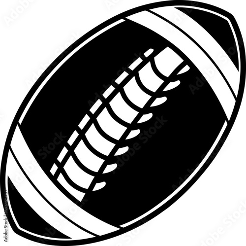 A black and white image depicts a stylized American football. The football is the main subject, presented in a slightly tilted, diagonal orientation, towards the upper right of the frame. The ball is 