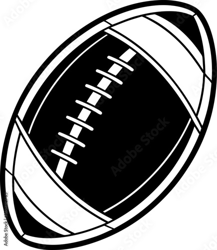 A black and white image depicts a stylized American football. The football is the main subject, presented in a slightly tilted, diagonal orientation, towards the upper right of the frame. The ball is 