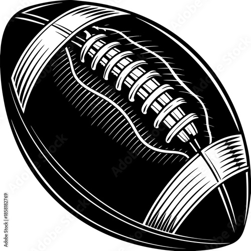 A black and white image depicts a stylized American football. The football is the main subject, presented in a slightly tilted, diagonal orientation, towards the upper right of the frame. The ball is 