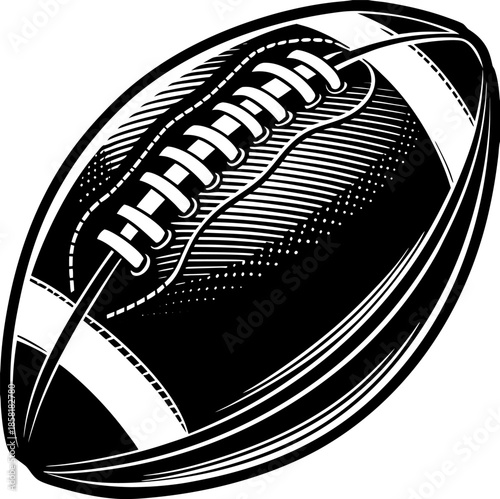 A black and white image depicts a stylized American football. The football is the main subject, presented in a slightly tilted, diagonal orientation, towards the upper right of the frame. The ball is 