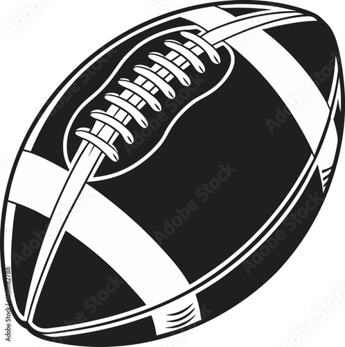 A black and white image depicts a stylized American football. The football is the main subject, presented in a slightly tilted, diagonal orientation, towards the upper right of the frame. The ball is 