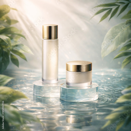Luxury Skincare Product Mockup with Gold-Capped Bottles on Water, Natural Light, and Botanical Background.