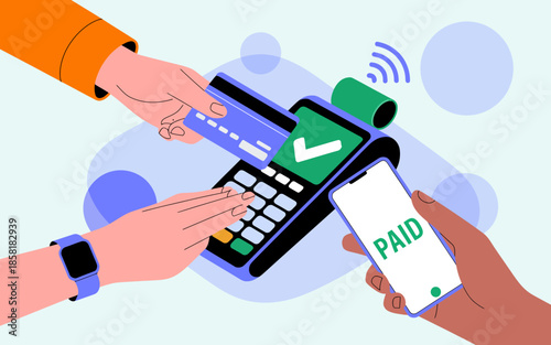 An illustration depicting modern payment methods, showing hands using a card and smartphone to complete a contactless transaction, reflecting the convenience of technology.